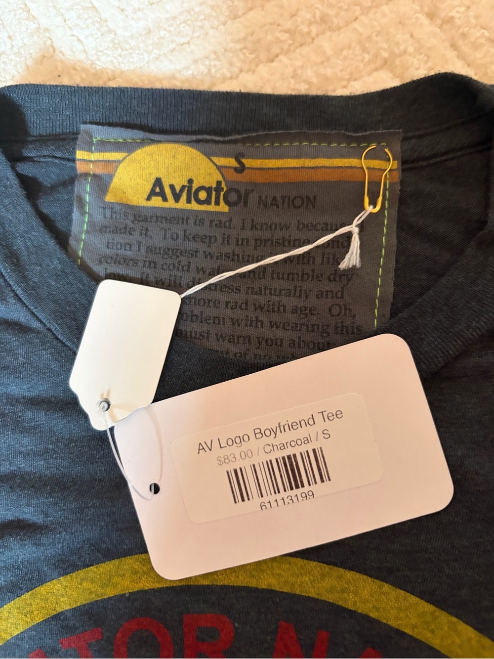 Aviator Nation Women’s Navy Graphic Tee with Multicolor Stripe & Penguin - Picture 2 of 4
